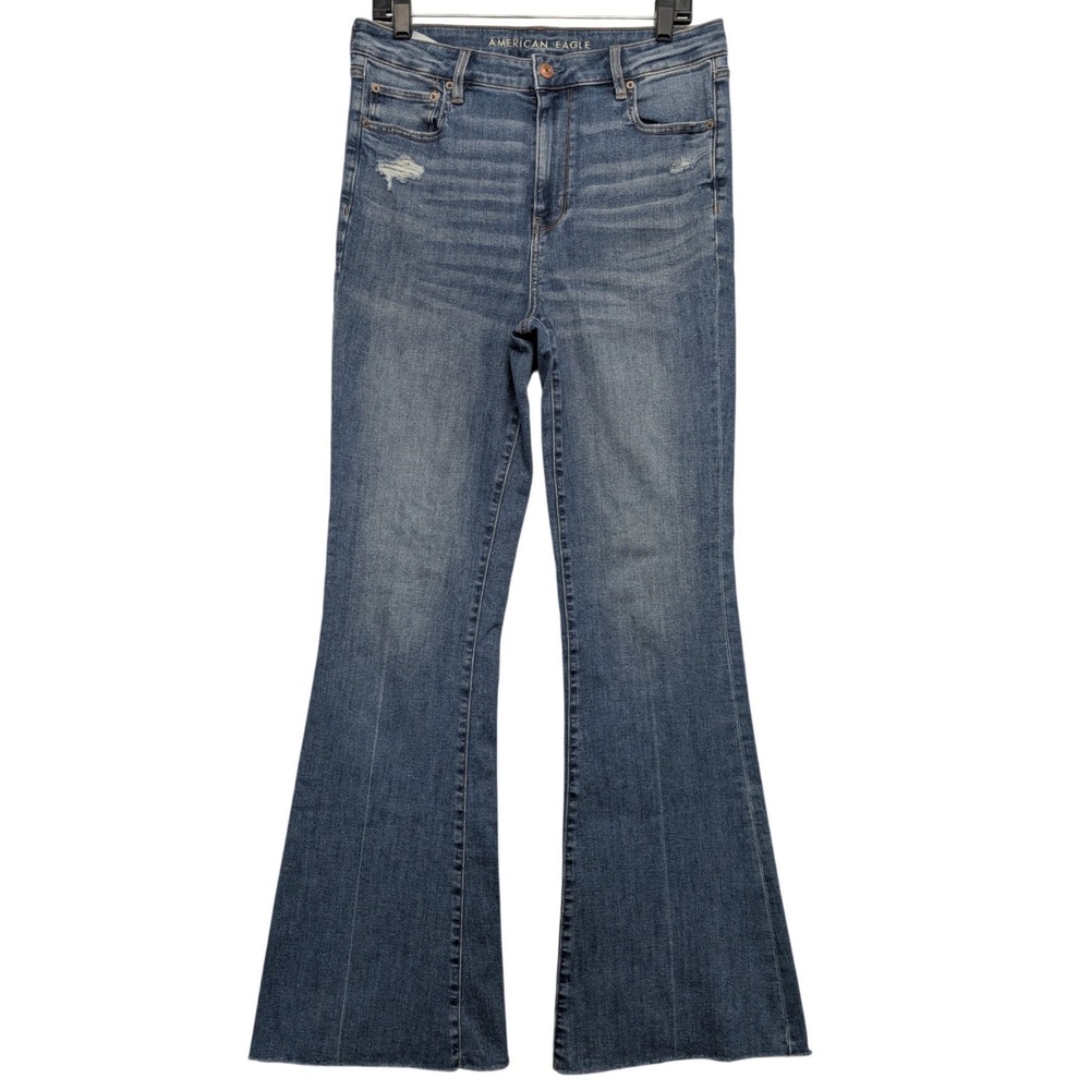 American Eagle Flare Jeans Women 14 X-Long Blue Distressed High Rise Raw Hem